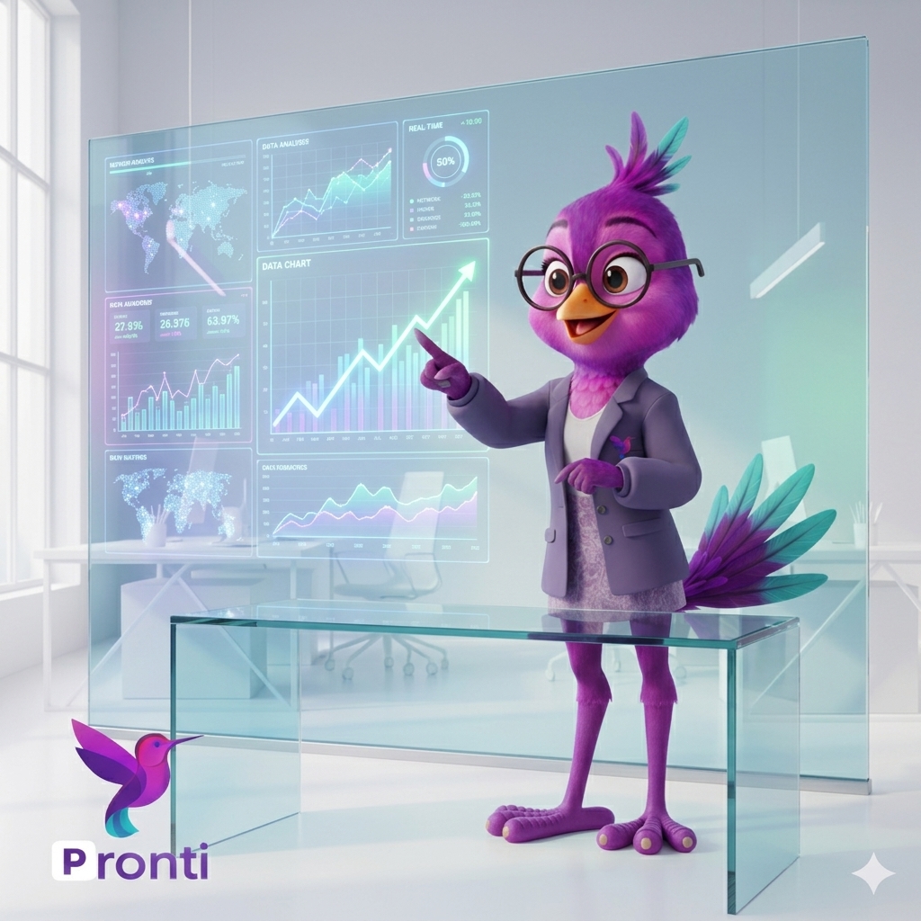 Mascota Pronti analizando datos