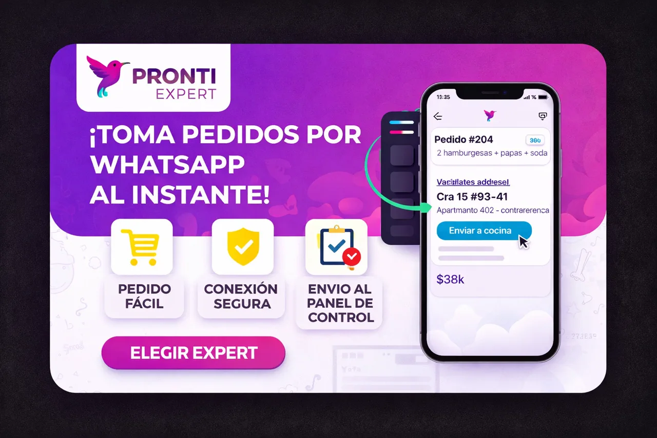 Visual de Pronti Expert con pedido validado, total, dirección y flujo operativo