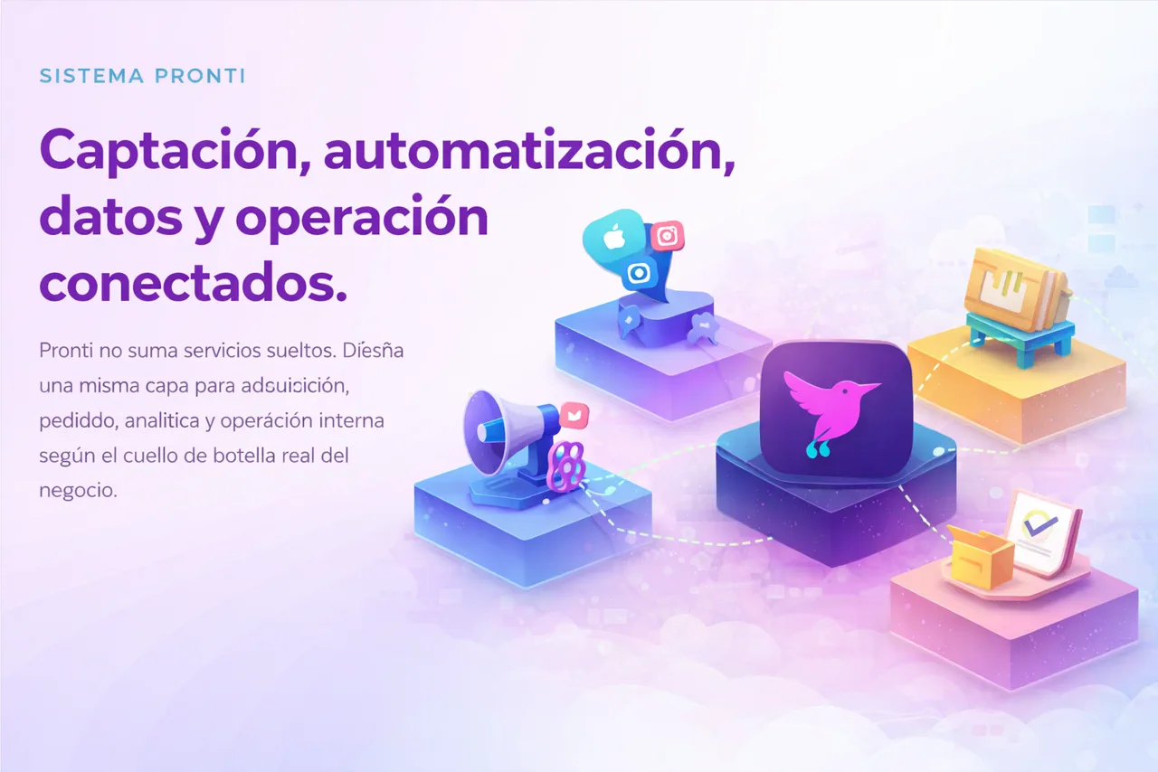 Visual de captación, automatización, datos y operación conectados en el sistema Pronti